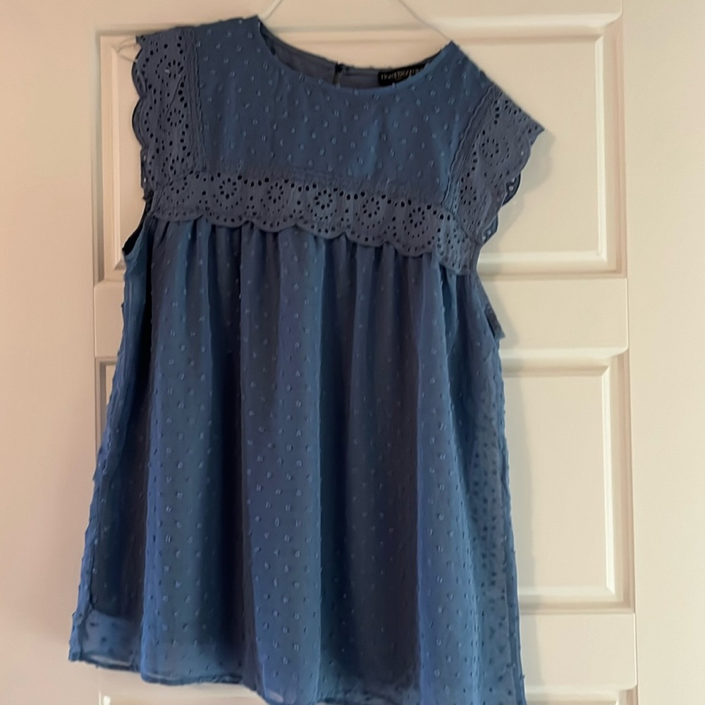 Blue sleeveless blouse.